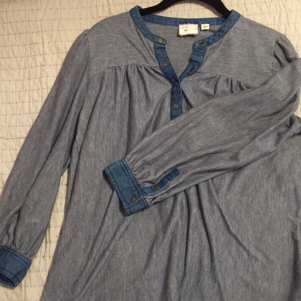 Anthropologie Denim and Gold Detail Blouse